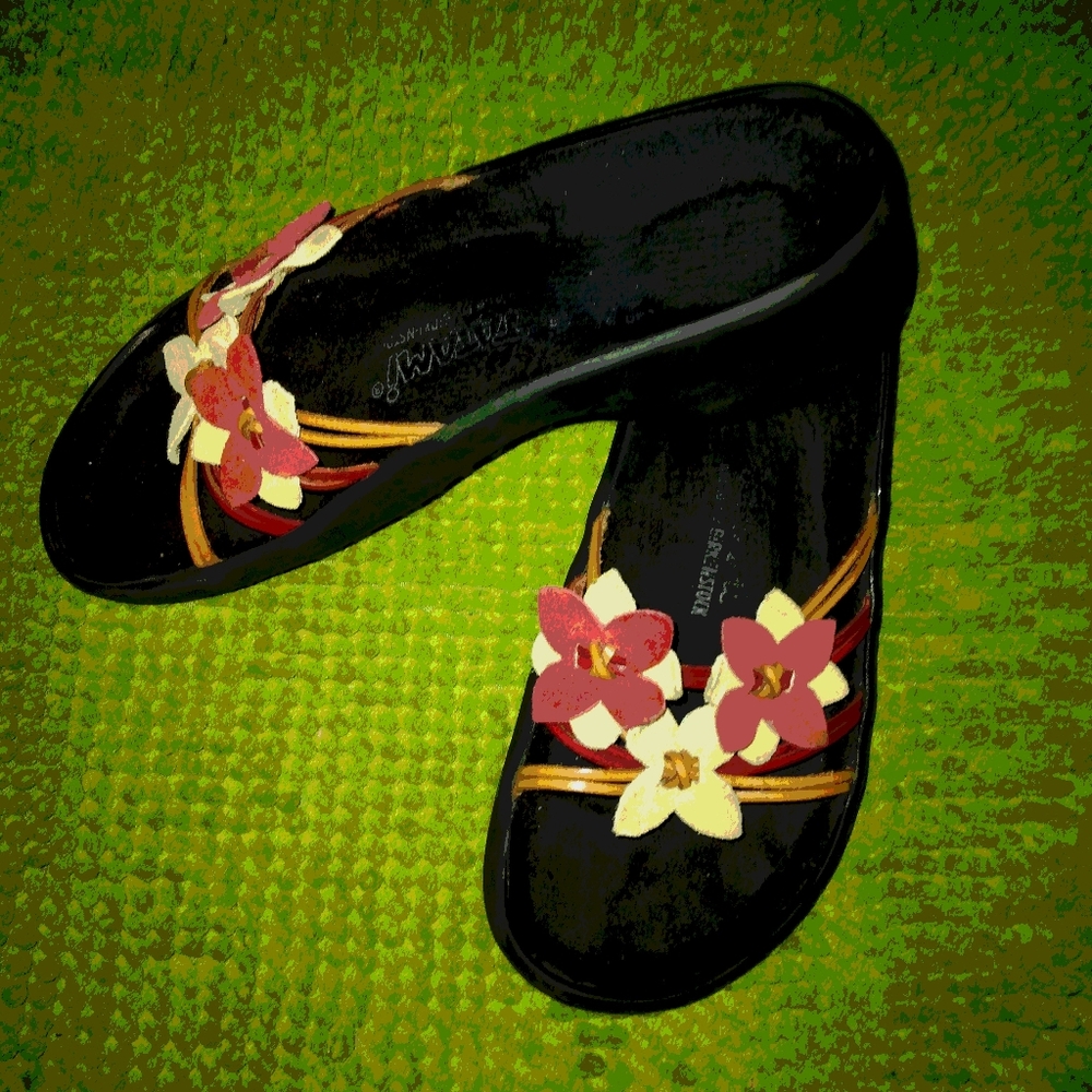 Tatami Birkenstock Leather Floral Design Sandal Red Tan, Sz 38.
